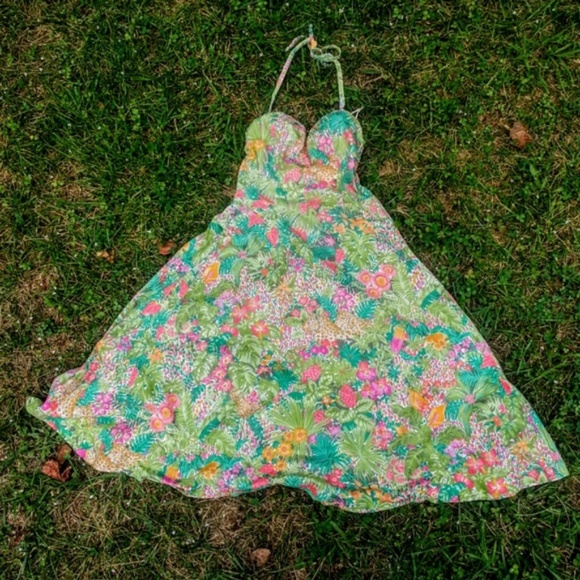 Vintage jungle print A-line halter dress greenpink *HP* - Picture 3 of 8